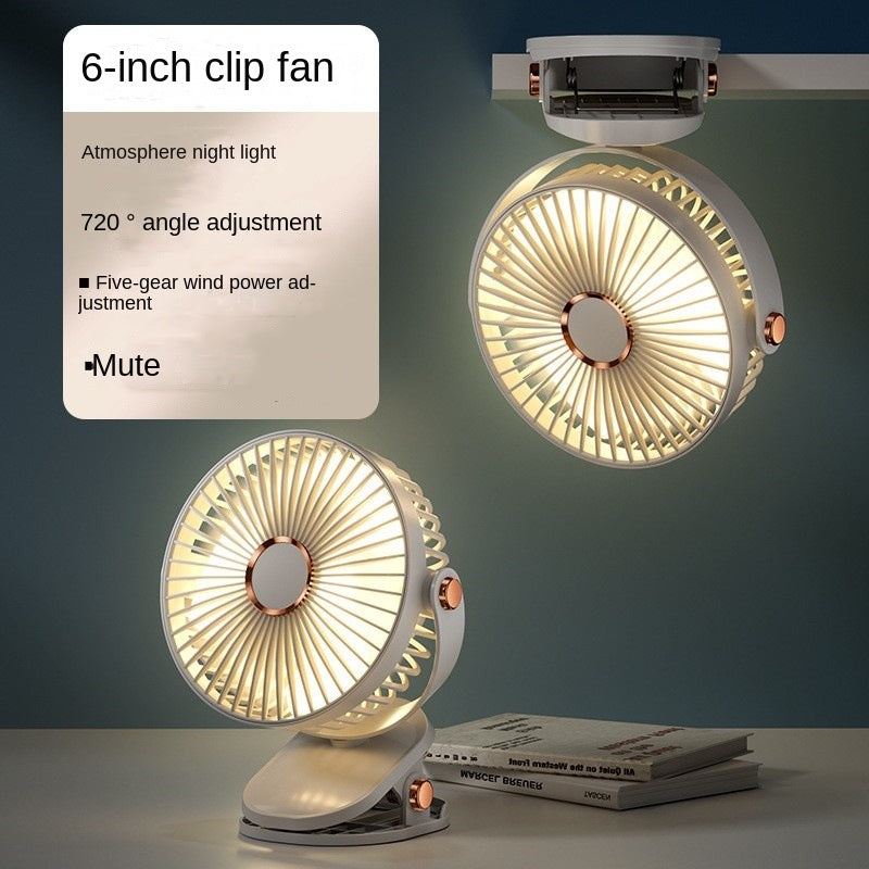Clip-On Fan with LED Light – 5 Speeds, Rechargeable, Portable for Home, Office, and Stroller