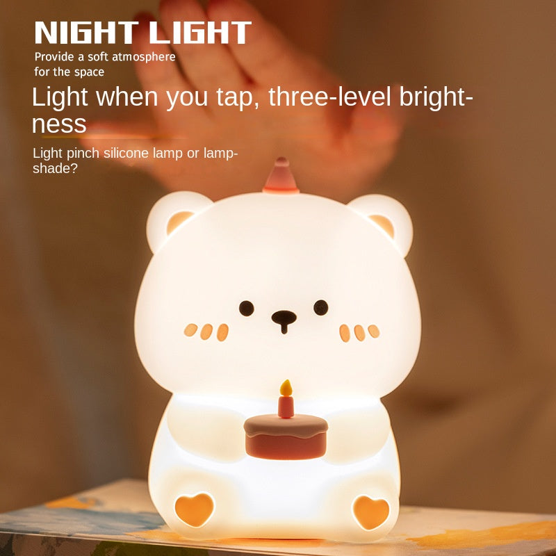Bonita luz nocturna para niños luz nocturna de oso pastel de cumpleaños lámpara ambiental para guardería bebé apagado automático de 30 minutos regalo de cumpleaños para niñas y niños de