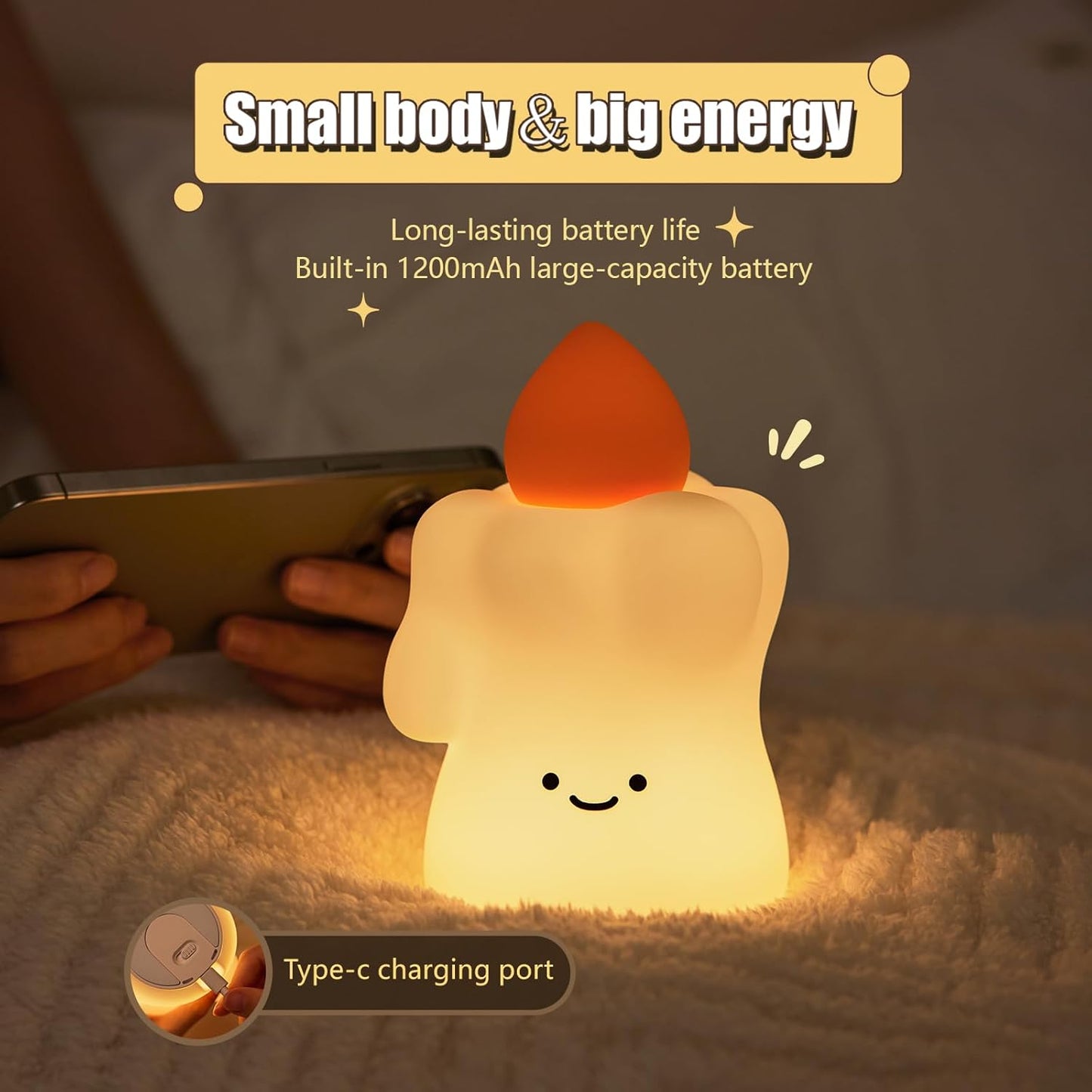 Silicone Candle Night Light, Halloween Candle LED Light Decorations, Cute Nursery Night Lamp for Kids, Rechargeable Office Desk Gifts, Timed Off, 3 Brightness Bedside Faucet Lamp