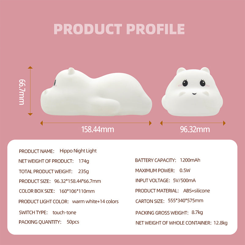 Animal Night Light LED Hippo Lamp Cute Silicone Lamp Touch Animal Lamp Toddler Night Light Rechargeable Night Lamp Animal LED Light Hippo Night Lamp Rechargeable Animal Light