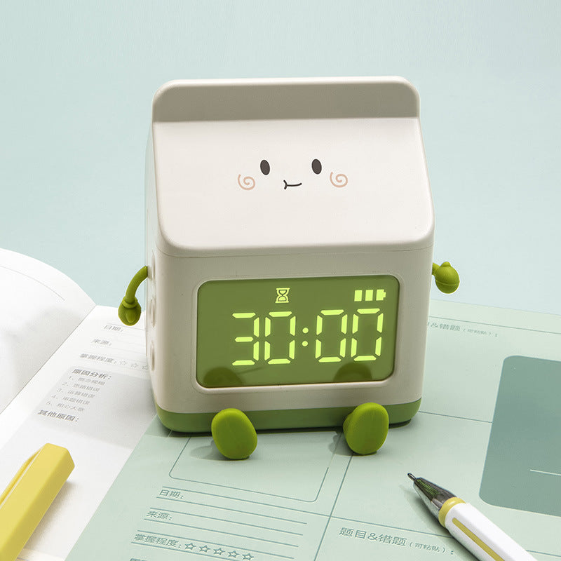 Cute Milk Carton Alarm Clock for Kids – Silent Multifunction Timer with Snooze & Voice Control
