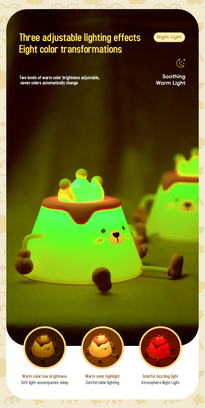 One Fire Pudding Bear Night Light for Kids Color Changing Pudding Bear Toys for Kids Night Light Portable Recharge Nightlight for Kids Room Silicone Baby Night Light for Kids Toys Pudding Bear Toys for Boys