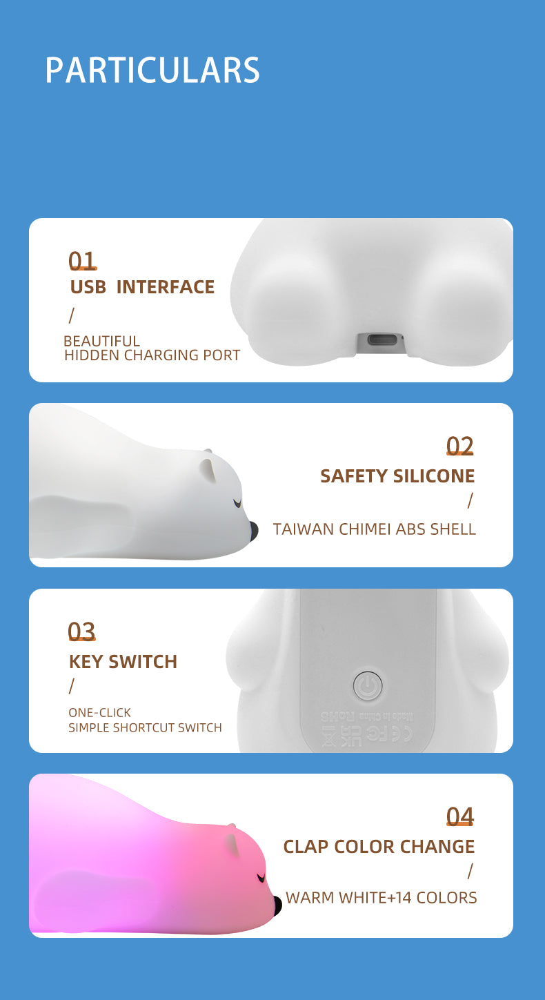 LED Colorful Night Light, Cute Lying Bear Shaped Soft Silicone USB Rechargeable Feeding Toddler Bedroom Bedside Decor Birthday Xmas Gifts for Kid Baby Child