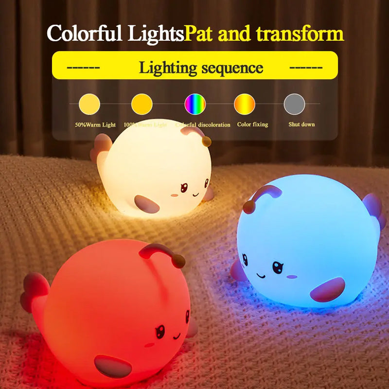 Beautiful night light bubble fish shape soft silicon touch control rechargeable 7-color night light suitable for bedrooms and pine wood children
