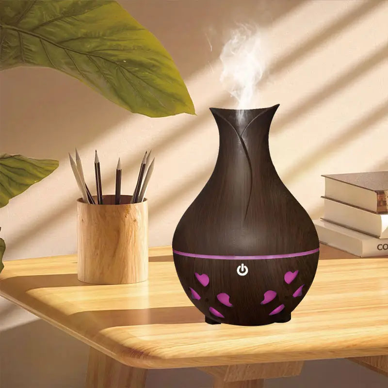 New Small Vase 300ml Wood Grain Aromatherapy Machine Ultrasonic Mist Maker Fogger Led Humidificador De Ar for Office