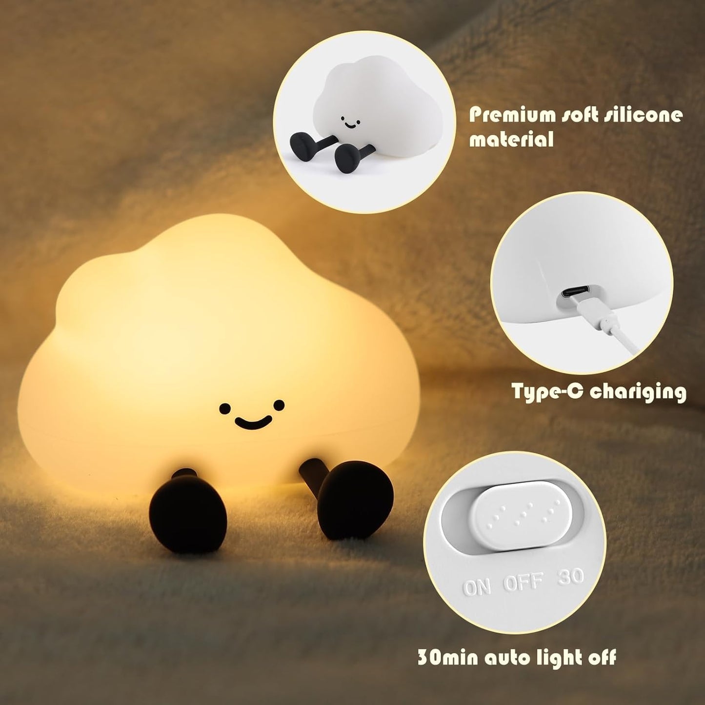 Cloud Night Light, Cute Silicone Nightlight for Baby Toddler, Rechargeable LED Nursery Lamp with Timer, 3 Level Dimmable Soft Squishy Night Lamp Gift for Bedroom Kids Room Decor