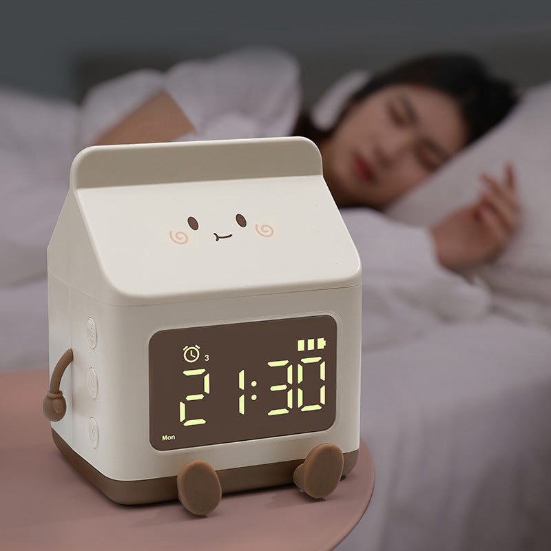 Cute Milk Carton Alarm Clock for Kids – Silent Multifunction Timer with Snooze & Voice Control