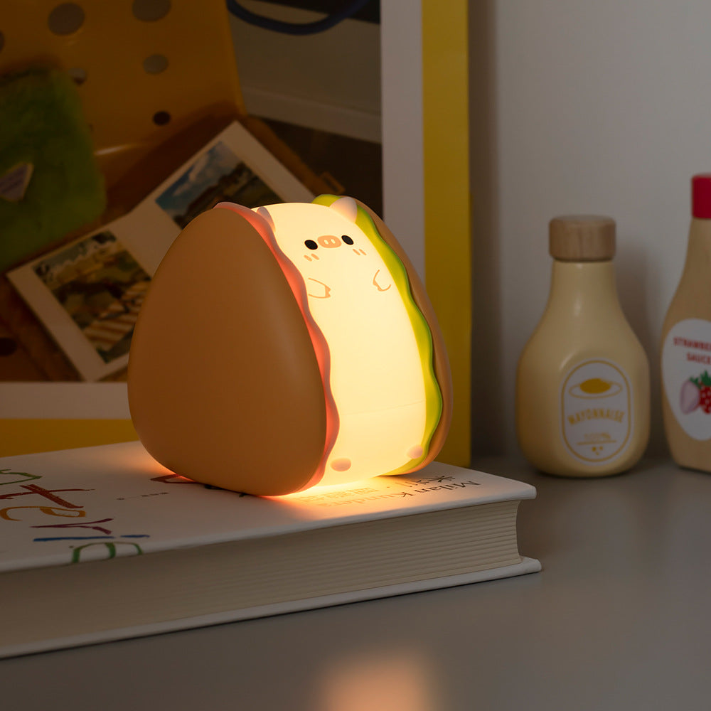 Hamburger pig-shaped baby bed night light, 3 layers, different strengths, sponge silicone, baby night light, newborn night light, cute portable bedside lamp