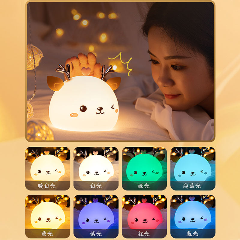 Portable LED Baby Night Light, Cute Children Night Lamp Soft Silicone Deer Lamp Multicolor Kids Bedside Lamp, USB Chargeable Mood Lamp, Touch Dimmable Children Light, Best Gifts [Energy Class A]