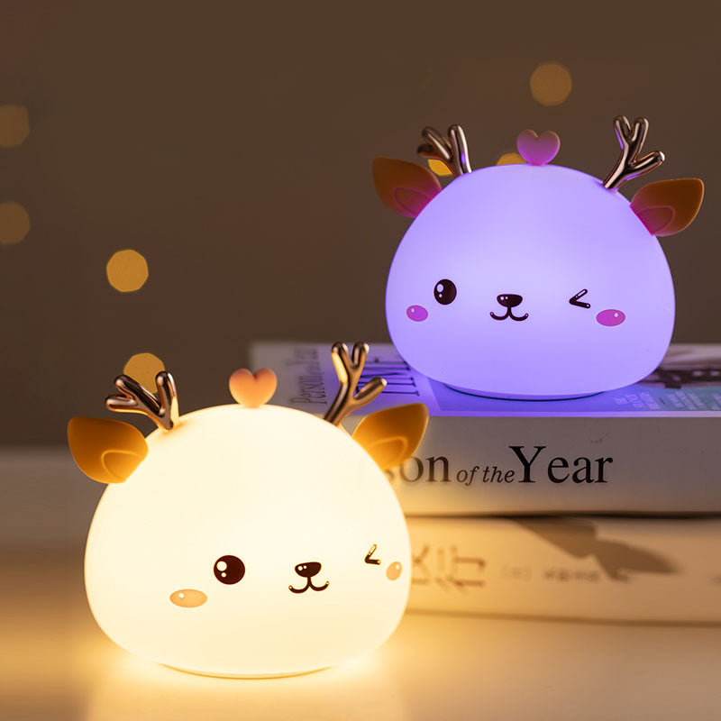 Portable LED Baby Night Light, Cute Children Night Lamp Soft Silicone Deer Lamp Multicolor Kids Bedside Lamp, USB Chargeable Mood Lamp, Touch Dimmable Children Light, Best Gifts [Energy Class A]