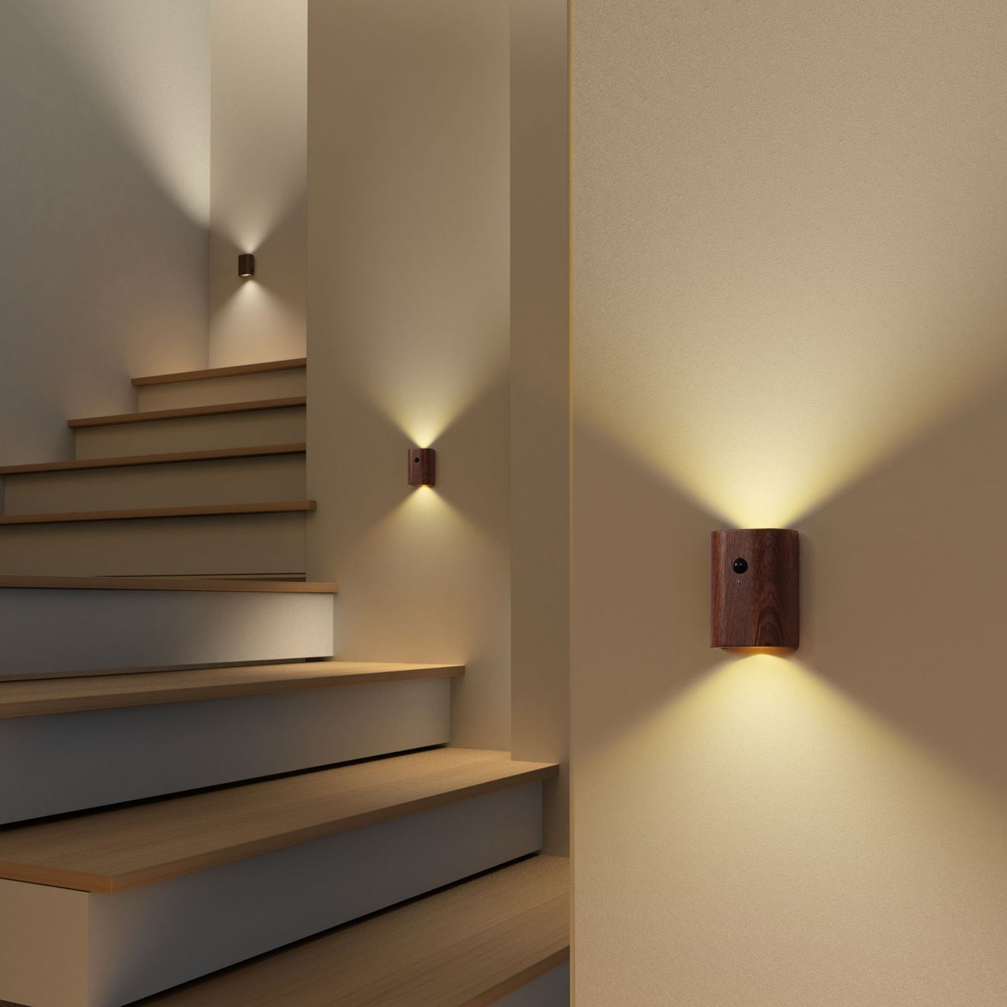 Motion Sensor Night Light, USB Rechargeable Magnetic Wall LED Light Wooden Motion Sensor Stairway Night Light for Bathroom, Hallway, Stairs, Bedroom, Kitchen