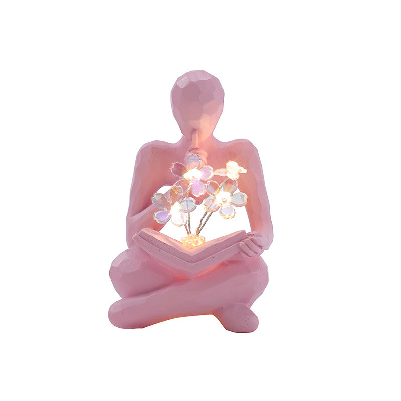 Tulip Night Light Sculpture for Bookshelf Library Decor, Modern Resin Thinker Statues Aesthetic Minimalist Shelf Decor for Women Home Living Room Bedroom Office, Unique Birthday Housewarming Gifts