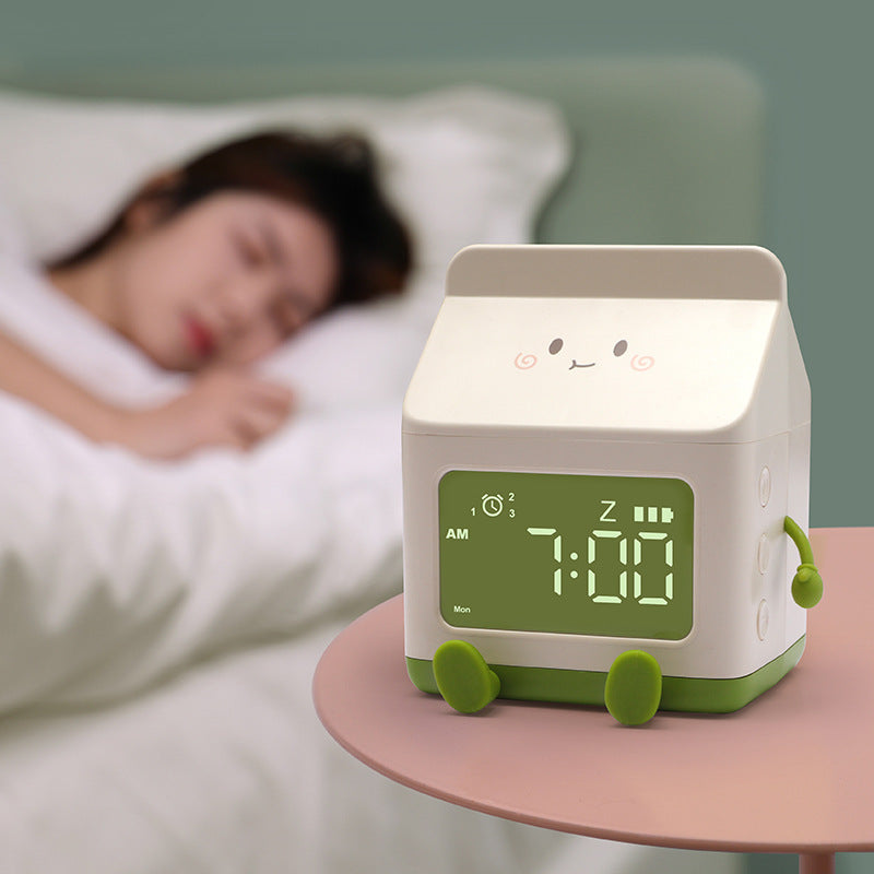 Cute Milk Carton Alarm Clock for Kids – Silent Multifunction Timer with Snooze & Voice Control