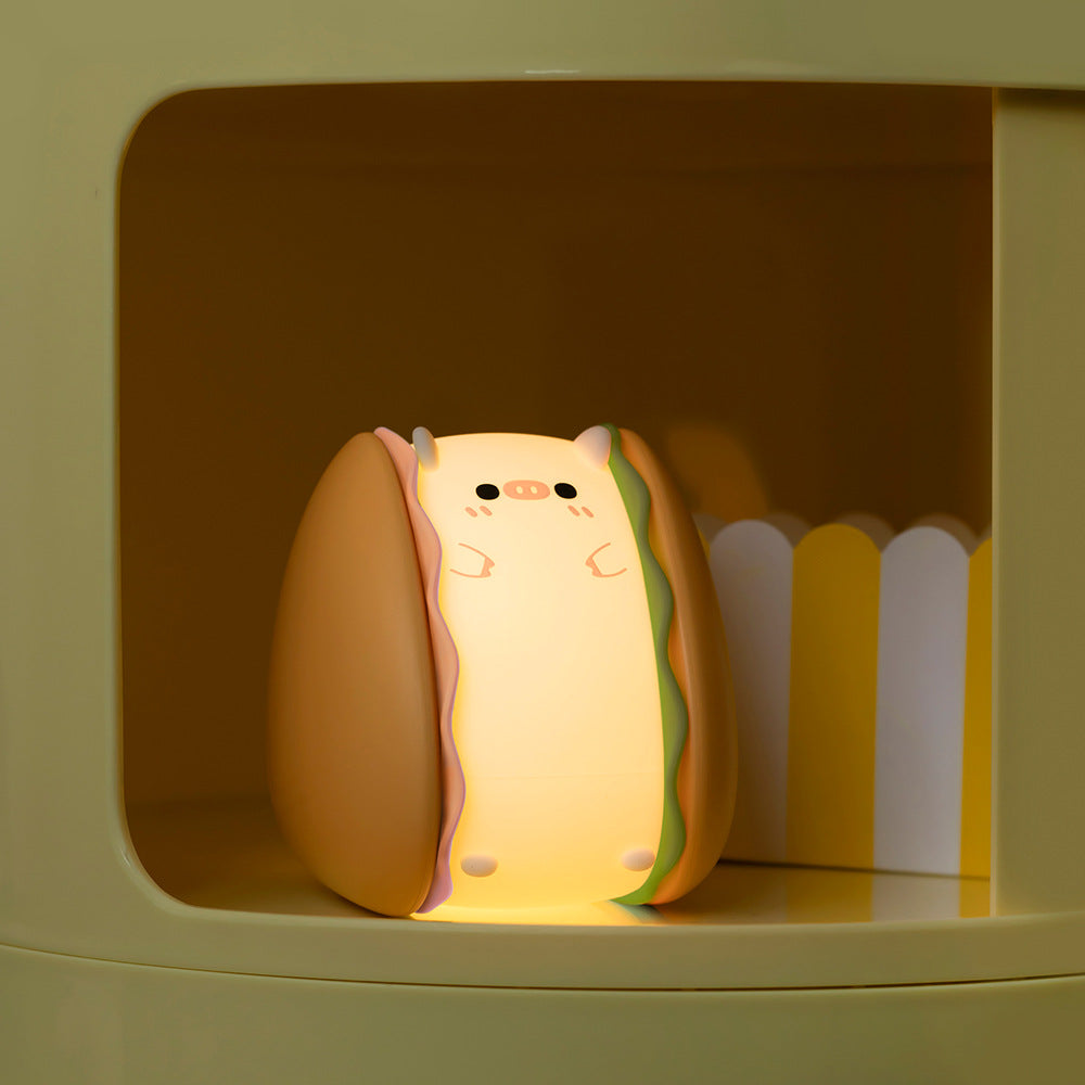 Hamburger pig-shaped baby bed night light, 3 layers, different strengths, sponge silicone, baby night light, newborn night light, cute portable bedside lamp
