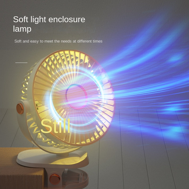 Clip-On Fan with LED Light – 5 Speeds, Rechargeable, Portable for Home, Office, and Stroller