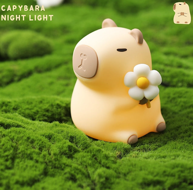 Capybara Night Light, Nursery Lamp, 7-Color RGB & 3-Level Warm Dimmable Warm, Tap Control, 30Min Timer, 100% Safe &Soft Silicone, Adorable, Soothing Ambiance, Gift for Kids, Detachable Flower