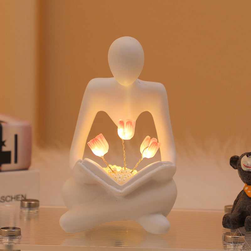 Tulip Night Light Sculpture for Bookshelf Library Decor, Modern Resin Thinker Statues Aesthetic Minimalist Shelf Decor for Women Home Living Room Bedroom Office, Unique Birthday Housewarming Gifts