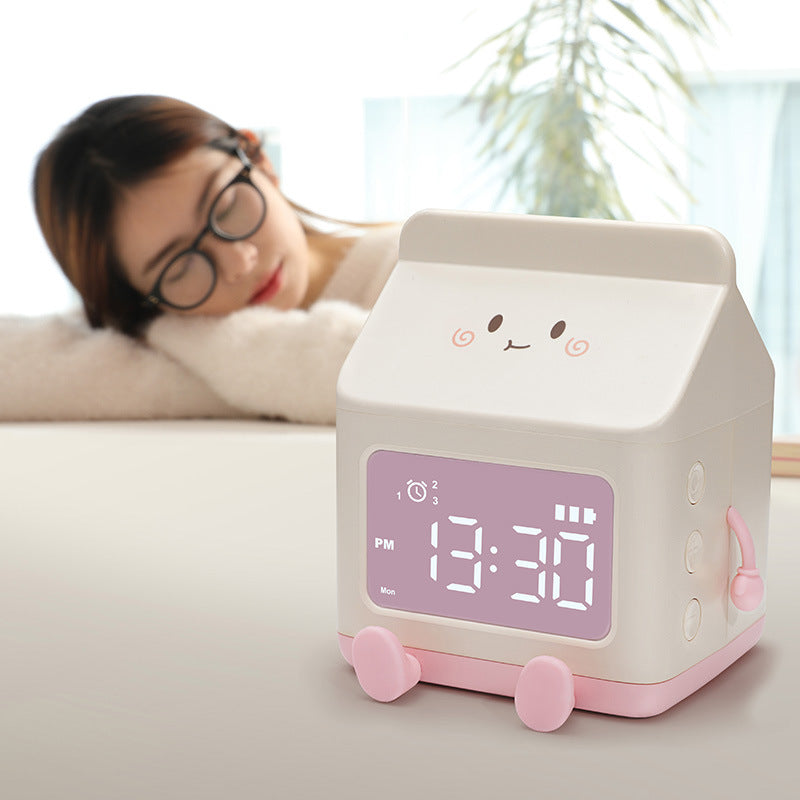 Cute Milk Carton Alarm Clock for Kids – Silent Multifunction Timer with Snooze & Voice Control