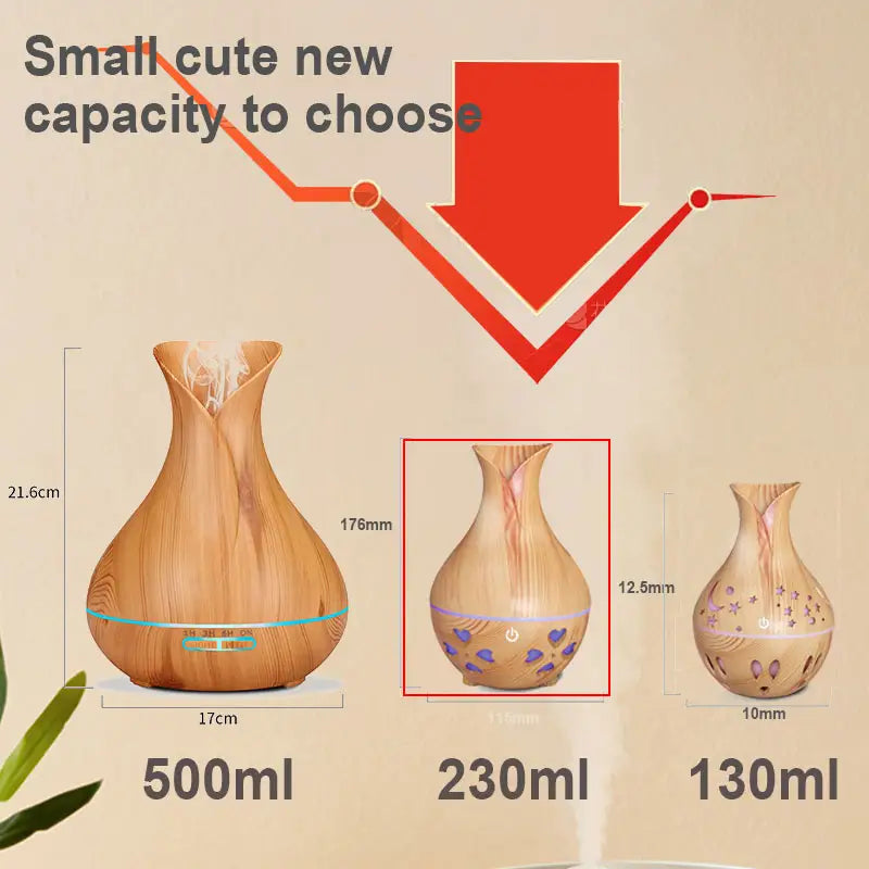 New Small Vase 300ml Wood Grain Aromatherapy Machine Ultrasonic Mist Maker Fogger Led Humidificador De Ar for Office