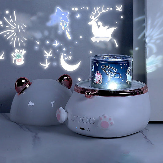 Rotating Fat Bear LED Bedroom Atmosphere Rechargeable Music Box Remote Control Small Speaker Projection Night Light