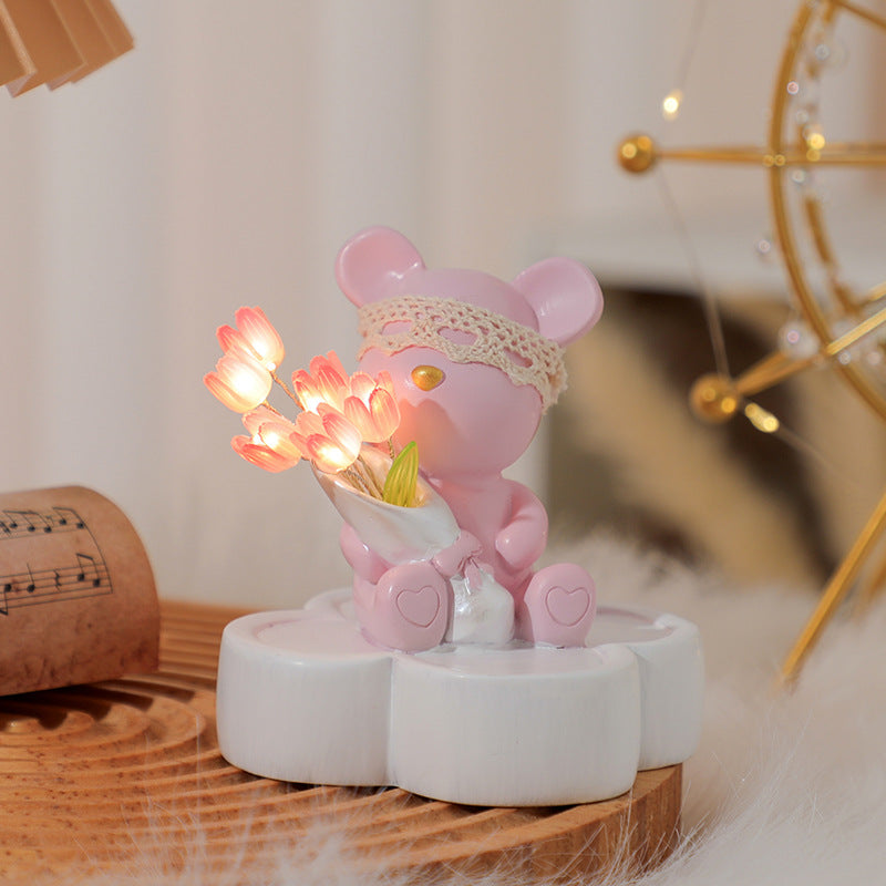 Tulip Night Light Sculpture for Bookshelf Library Decor, Modern Resin Thinker Statues Aesthetic Minimalist Shelf Decor for Women Home Living Room Bedroom Office, Unique Birthday Housewarming Gifts