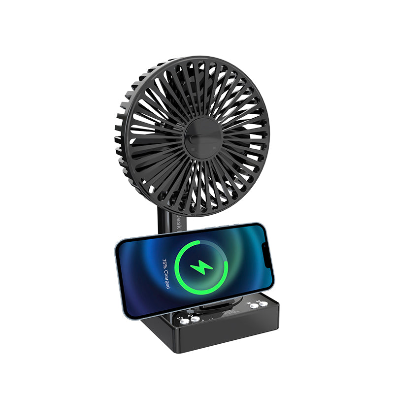 Oscillating Silent Desk Fan – Portable Rechargeable Fan with Power Bank & Wireless Charging for Home, Office & Dorm