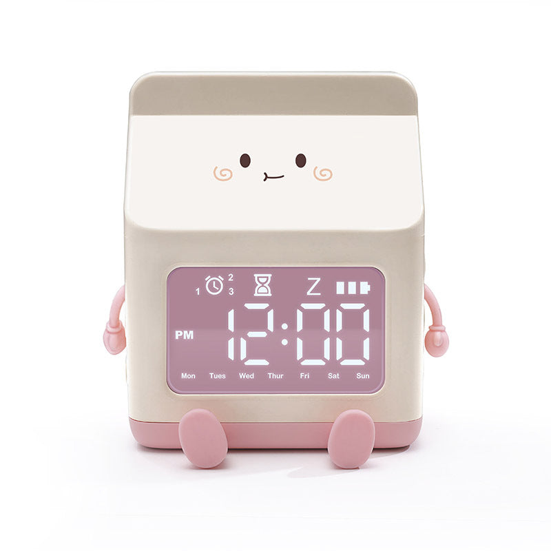 Cute Milk Carton Alarm Clock for Kids – Silent Multifunction Timer with Snooze & Voice Control