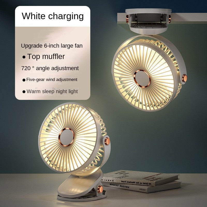 Clip-On Fan with LED Light – 5 Speeds, Rechargeable, Portable for Home, Office, and Stroller