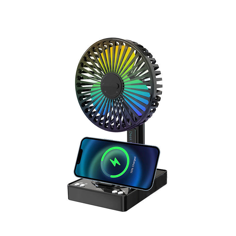Oscillating Silent Desk Fan – Portable Rechargeable Fan with Power Bank & Wireless Charging for Home, Office & Dorm