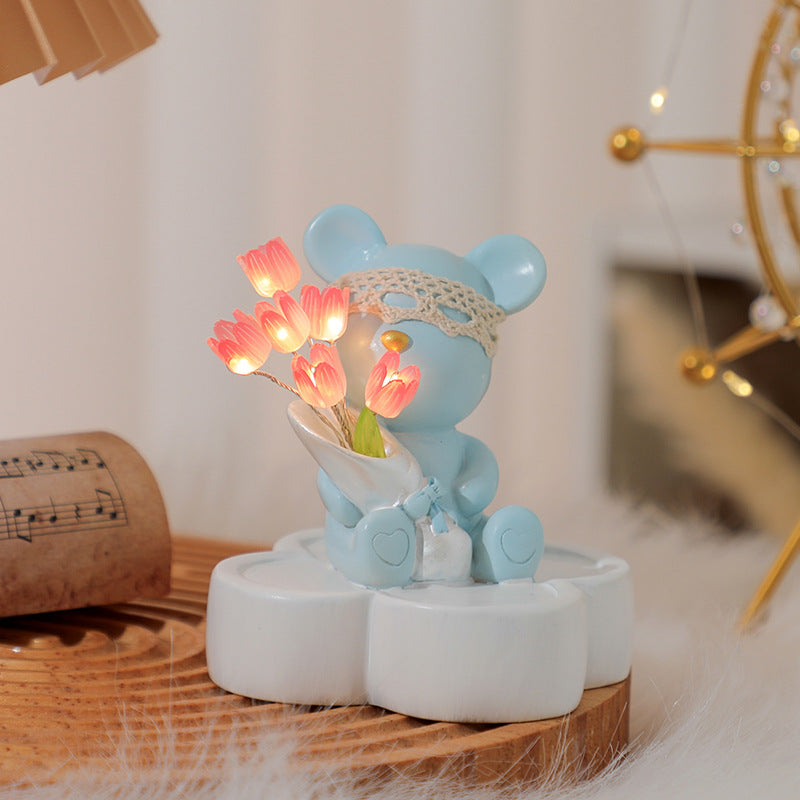 Tulip Night Light Sculpture for Bookshelf Library Decor, Modern Resin Thinker Statues Aesthetic Minimalist Shelf Decor for Women Home Living Room Bedroom Office, Unique Birthday Housewarming Gifts