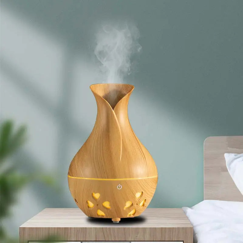 New Small Vase 300ml Wood Grain Aromatherapy Machine Ultrasonic Mist Maker Fogger Led Humidificador De Ar for Office