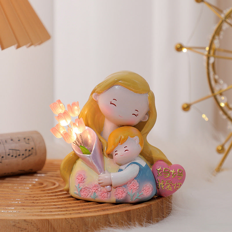 Tulip Night Light Sculpture for Bookshelf Library Decor, Modern Resin Thinker Statues Aesthetic Minimalist Shelf Decor for Women Home Living Room Bedroom Office, Unique Birthday Housewarming Gifts