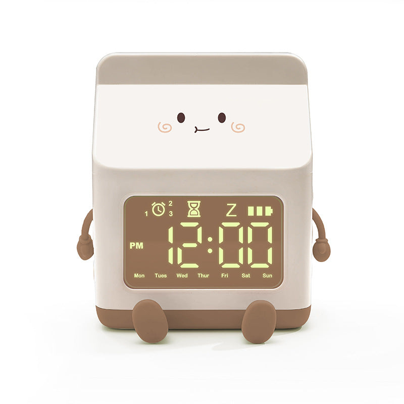 Cute Milk Carton Alarm Clock for Kids – Silent Multifunction Timer with Snooze & Voice Control