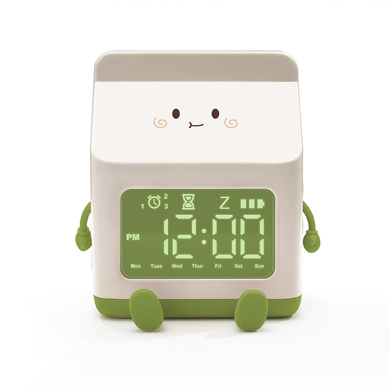 Cute Milk Carton Alarm Clock for Kids – Silent Multifunction Timer with Snooze & Voice Control